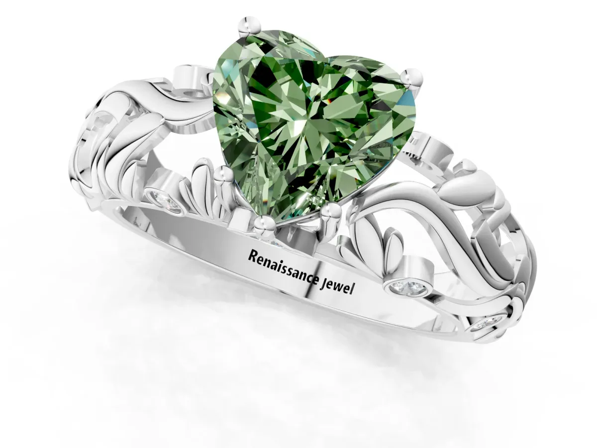 Fancy Green Heart Cut Solitaire Diamond Leaf-Inspired Vine Band Ring with Prong Setting Platinum