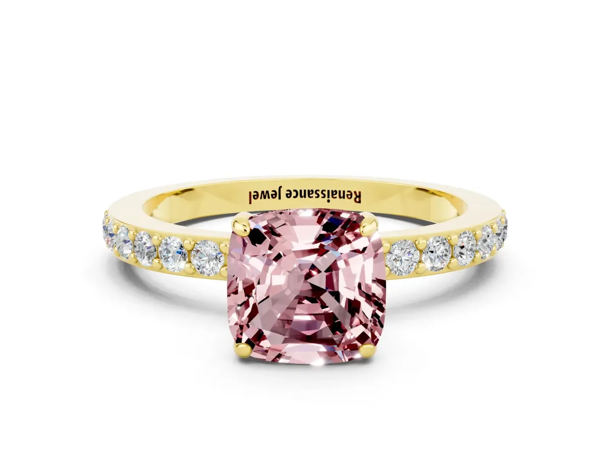 Cushion Cut Morganite Solitaire Engagement Ring with Pavé Band and Four-Prong Setting Yellow gold