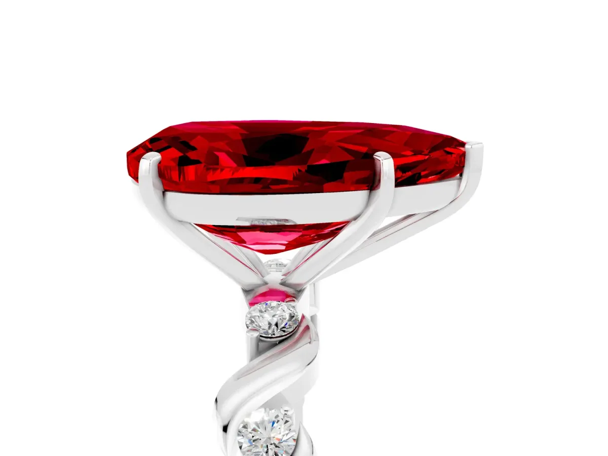 Pear Cut Ruby Solitaire Twisted Band with Round Accents and Prong Setting Silver