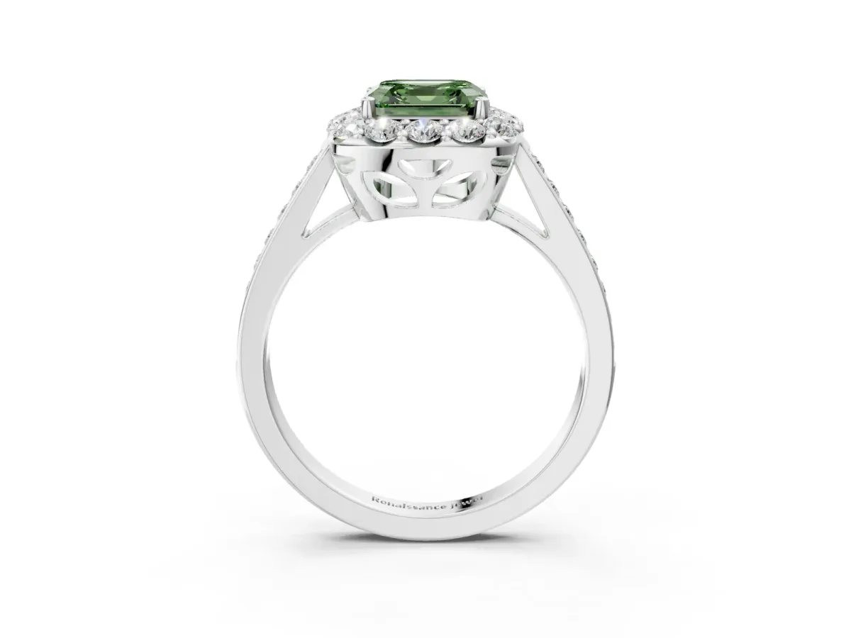 Fancy Green Asscher Cut Diamond Floral Halo Ring with Pavé Band and Prong Setting Platinum