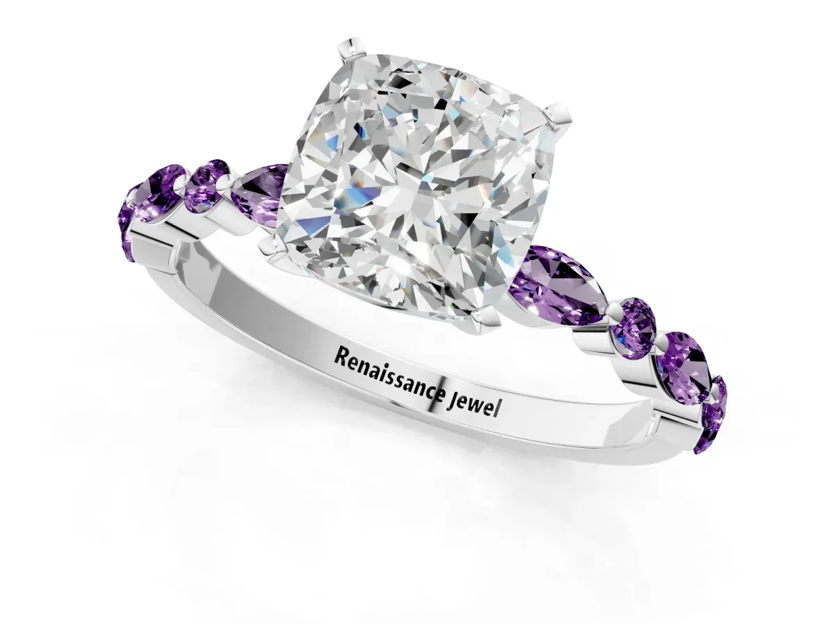 Cushion Cut Diamond Ring with Marquise and Round Amethyst Side Stones and Four-Prong Setting White gold