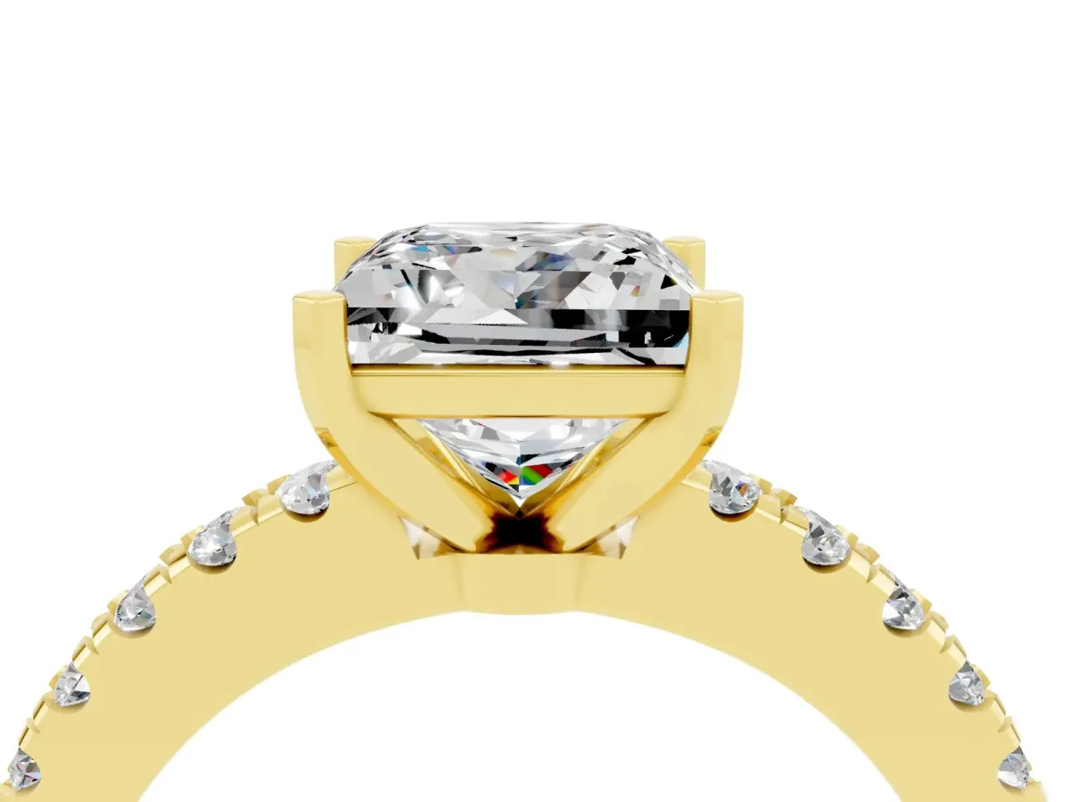Princess Cut Solitaire Moissanite with Pavé Band and Four-Prong Setting Yellow gold