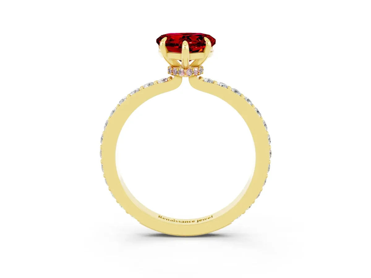 Heart Cut Ruby Solitaire Engagement Ring with Pavé Band and Four-Prong Setting Yellow gold