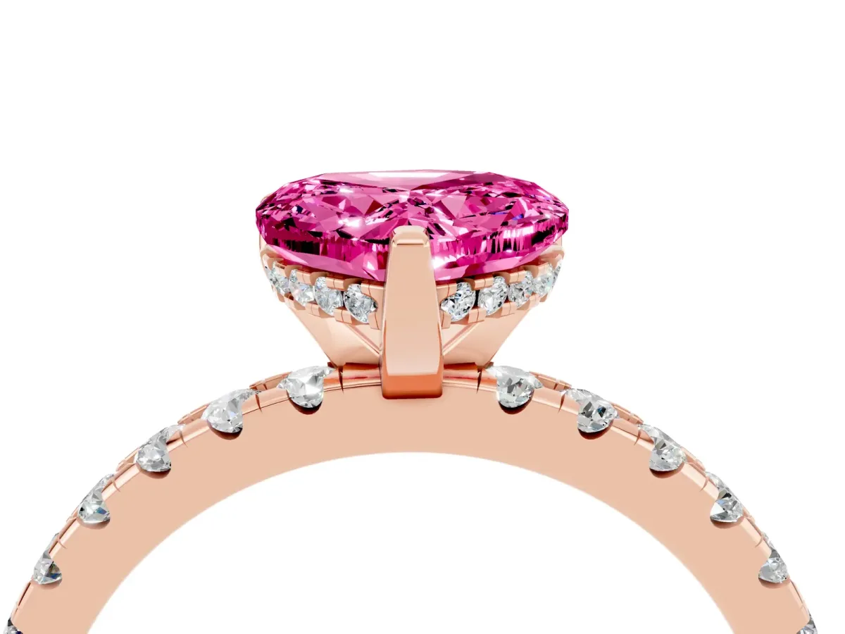 Heart Cut Pink Sapphire Solitaire Ring with Round Pavé Band and Four-Prong Setting Rose gold