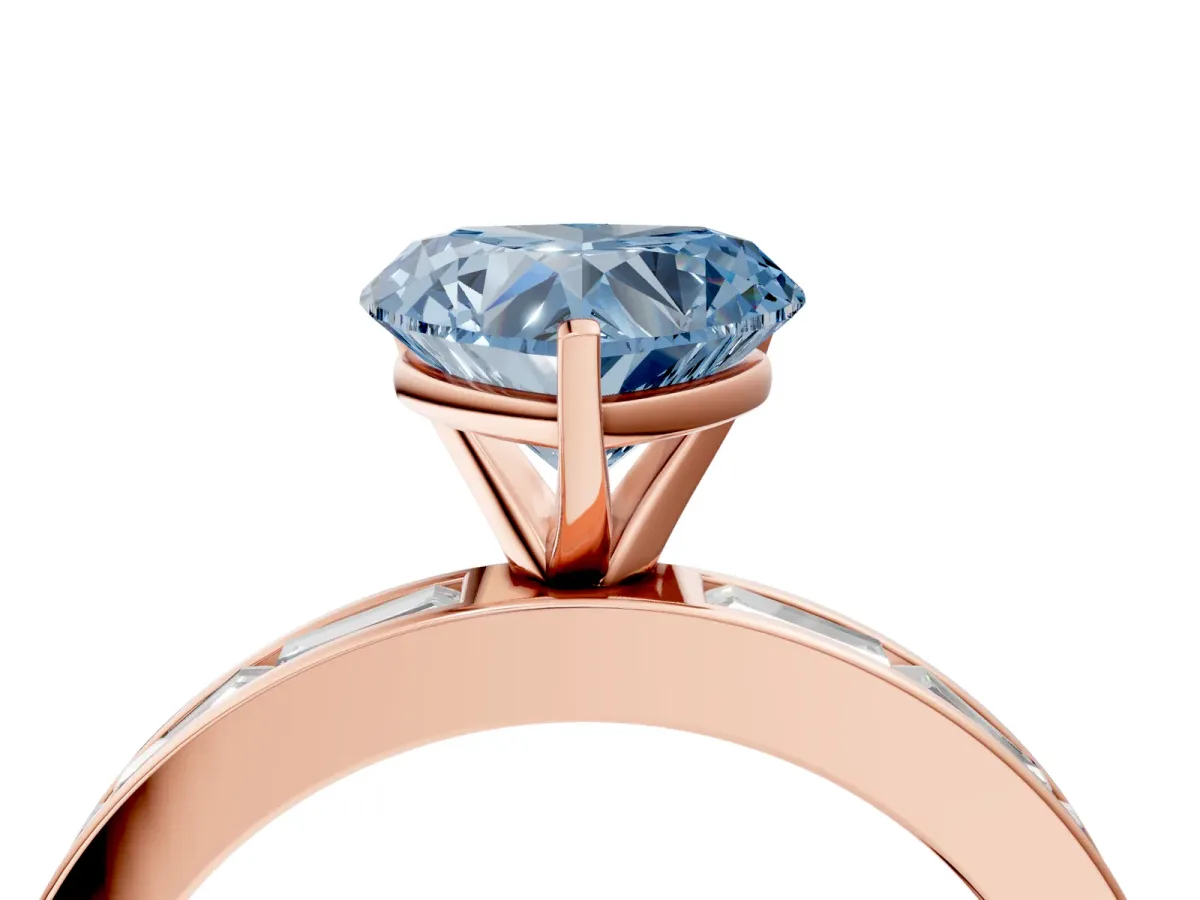 Fancy Blue Heart Cut Solitaire Diamond Ring with Channel-Set Baguette Band and Four-Prong Setting Rose gold