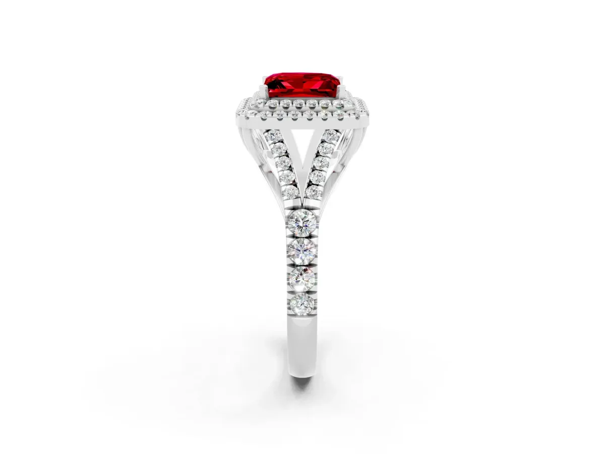 Double Halo Princess Cut Ruby Split Shank Engagement Ring with Four-Prong Setting White gold