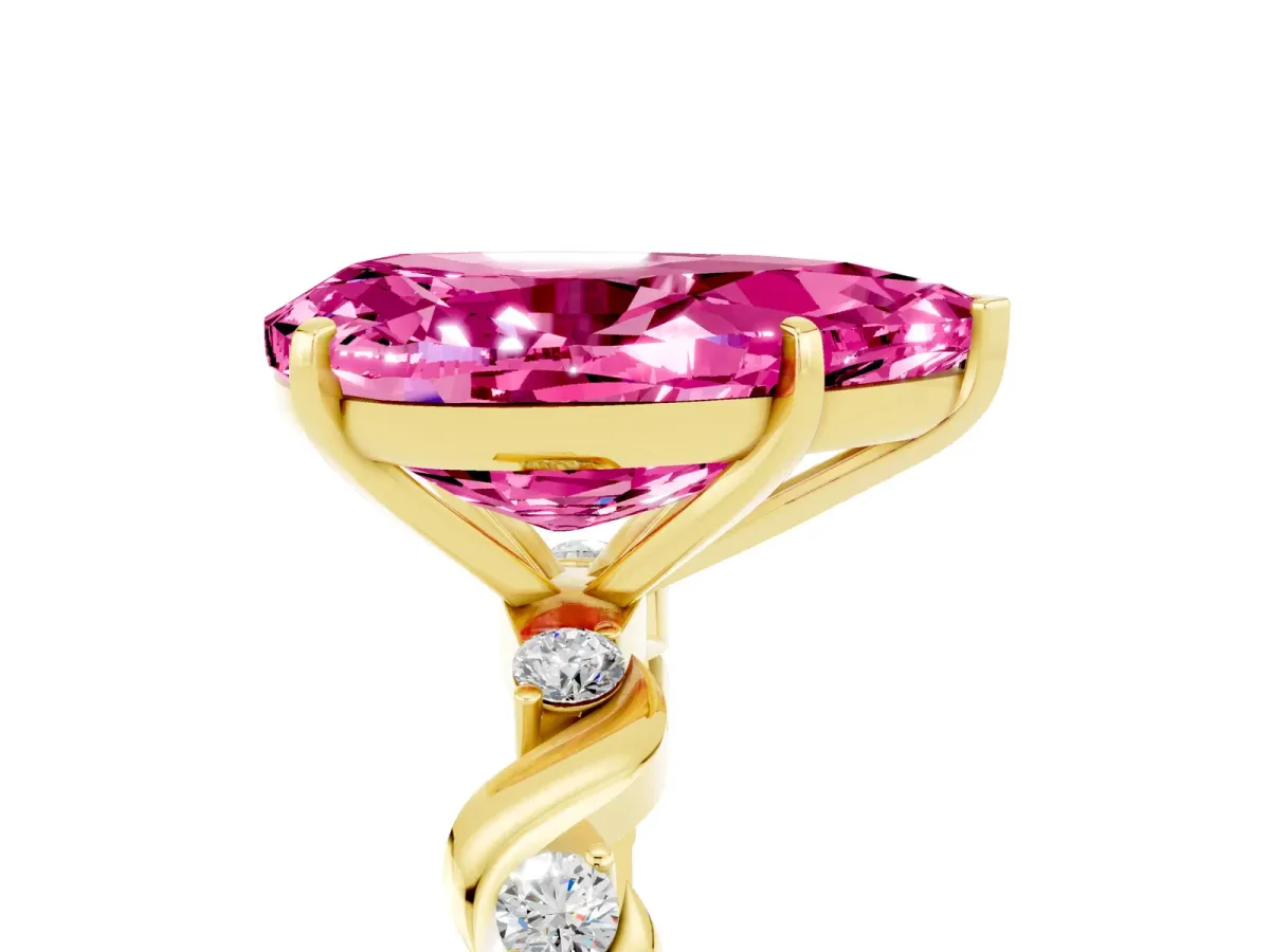 Pear Cut Pink Sapphire Solitaire Twisted Band with Round Accents and Prong Setting Yellow gold
