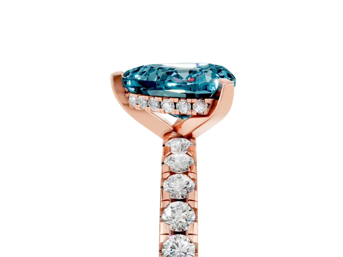 Heart Cut Blue Topaz Solitaire Ring with Round Pavé Band and Four-Prong Setting Rose gold