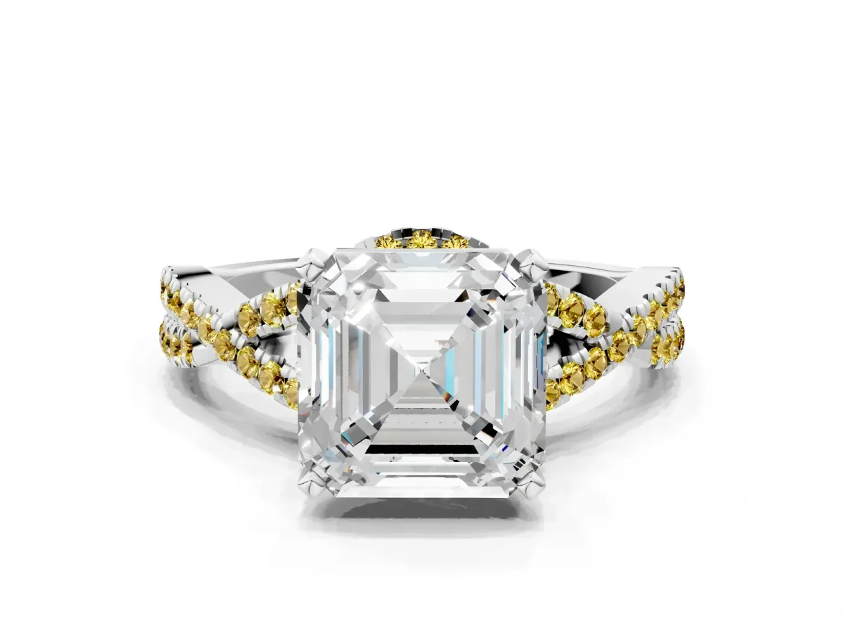 Asscher Cut Diamond Yellow Sapphire Halo Twist Band Solitaire Prong Setting Ring White gold