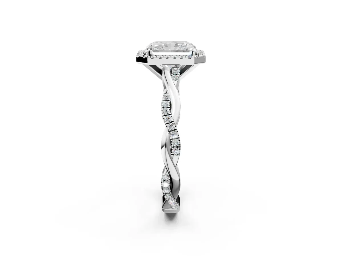 Radiant Cut Cut Halo Twisted Band Four-Prong Ring Platinum