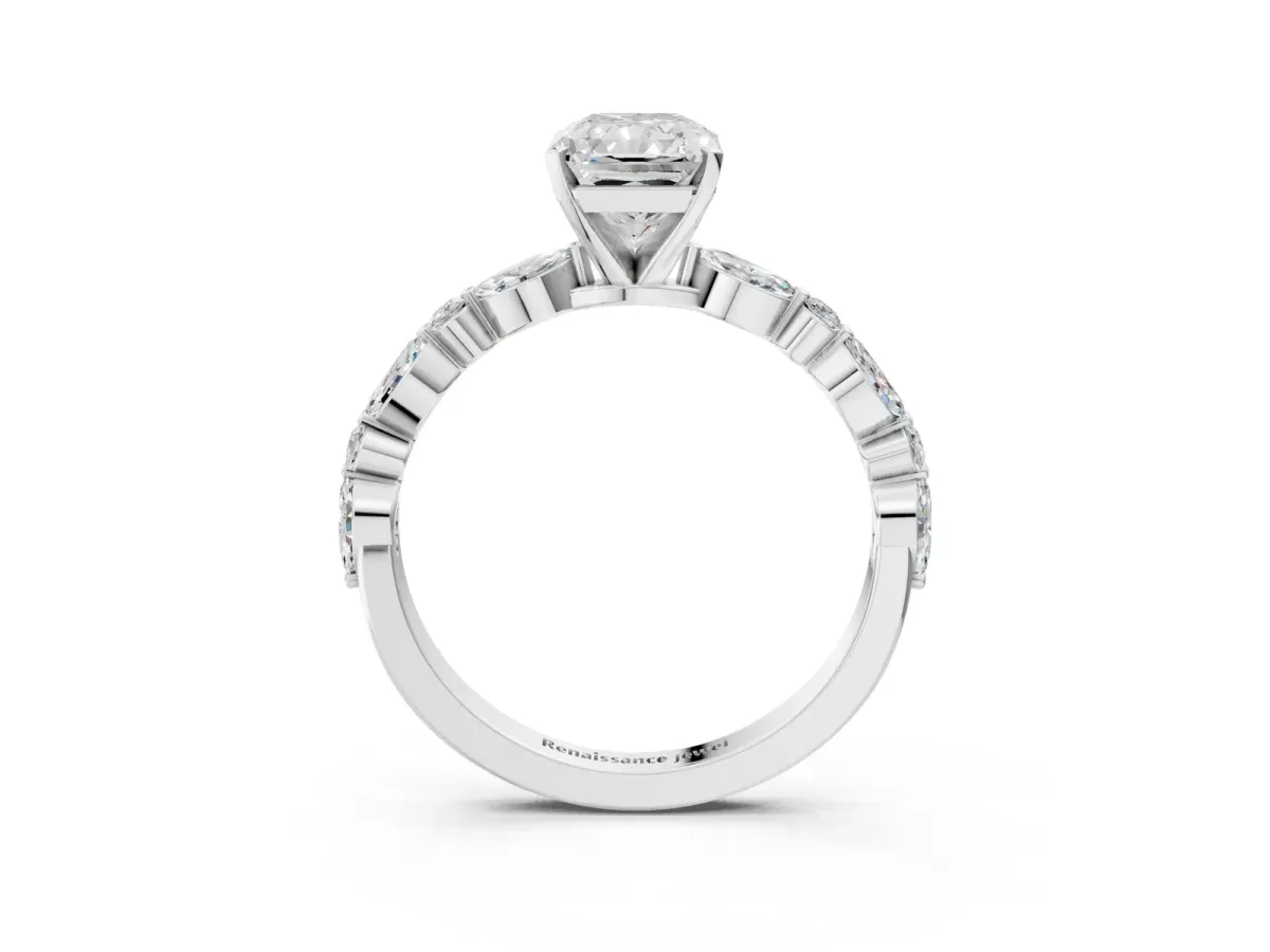 Radiant Cut Diamond Ring with Marquise and Round Moissanite Side Stones and Four-Prong Setting Platinum