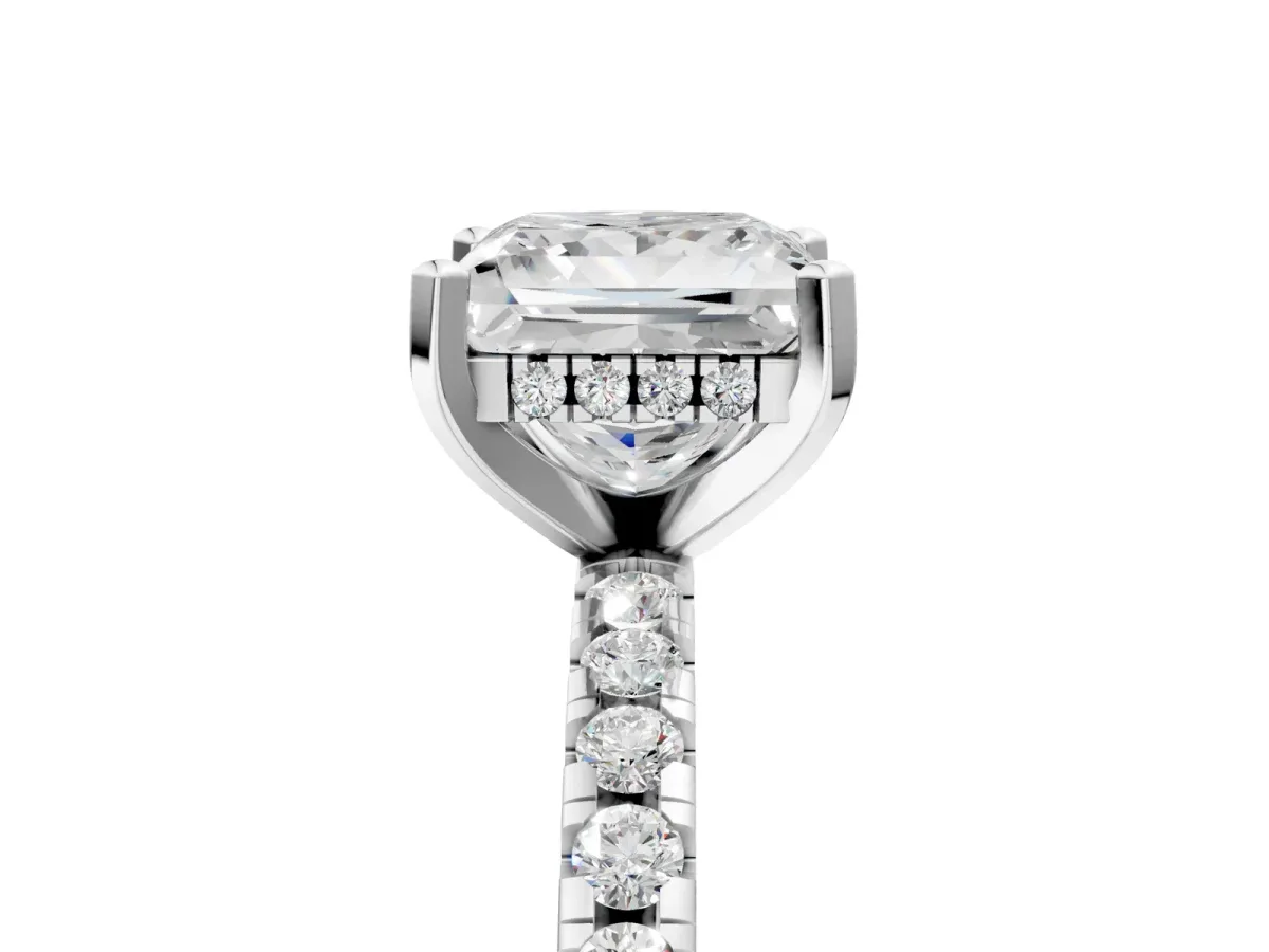 Princess Cut Diamond Solitaire Ring with Round Moissanite Pavé Band and Four-Prong Setting White gold