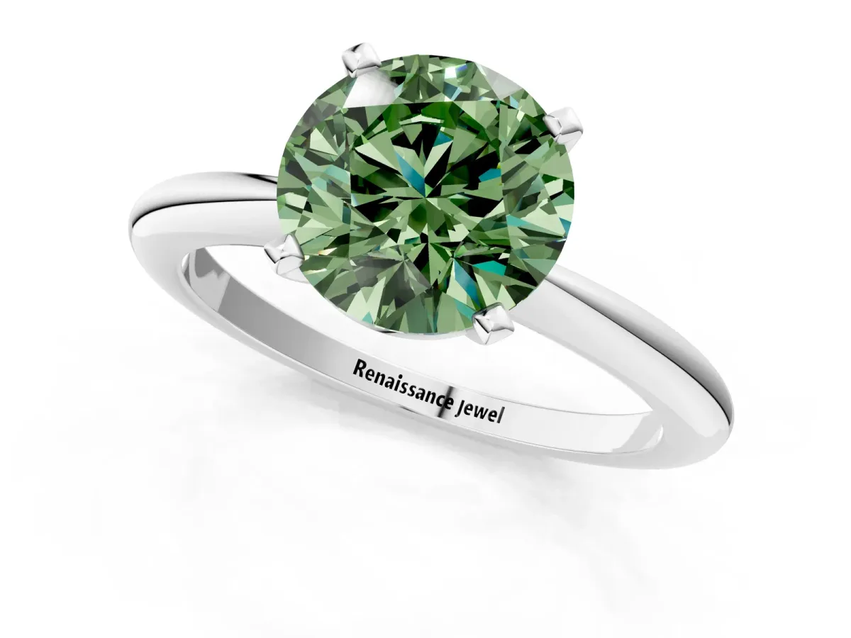 Fancy Green Round Cut Diamond Solitaire Ring with Six-Prong Setting and Classic Band Silver