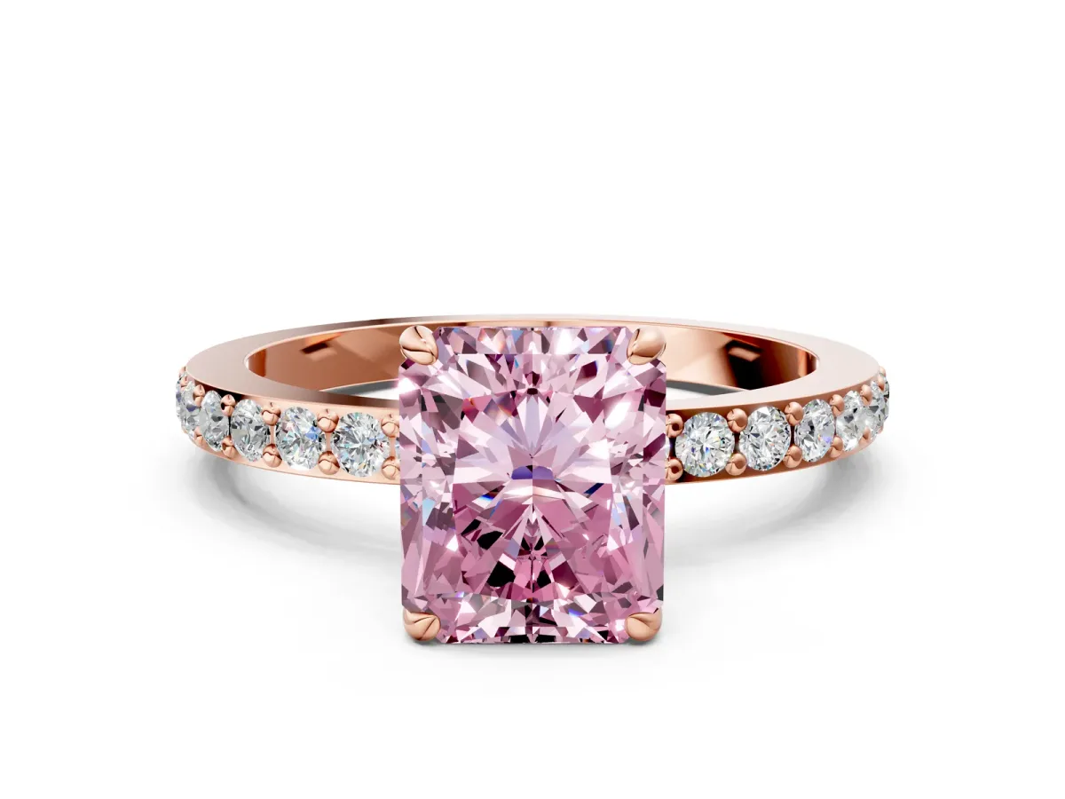 Fancy Pink Radiant Cut Diamond Solitaire Engagement Ring with Pavé Band and Four-Prong Setting Rose gold
