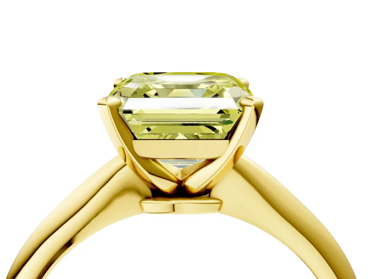 Fancy Yellow Asscher Cut Diamond Solitaire Engagement Ring with Classic Band and Four-Prong Setting Yellow gold