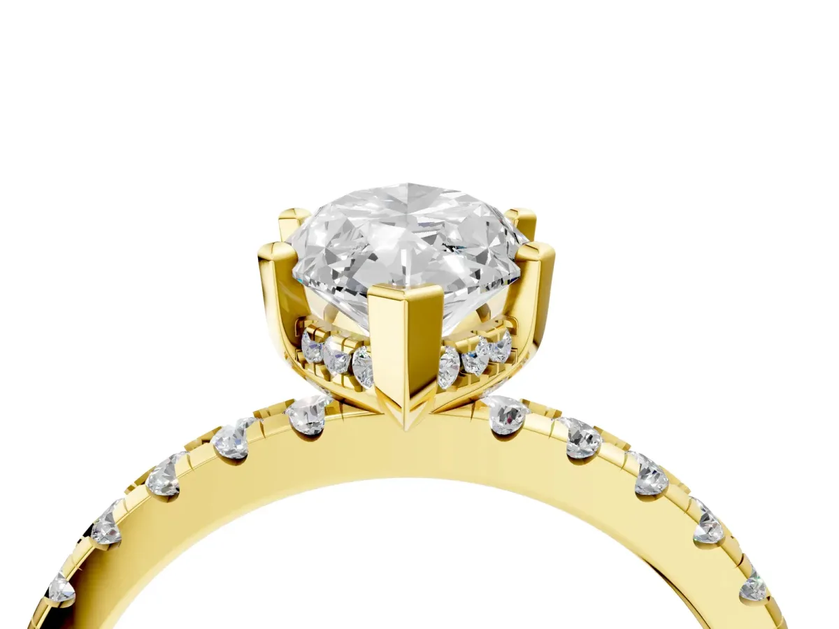 Marquise Cut Diamond Solitaire Ring with Round Pavé Band and Four-Prong Setting Yellow gold