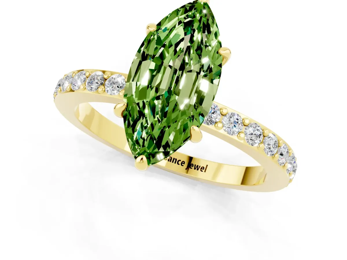 Marquise Cut Peridot Solitaire Engagement Ring with Pavé Band and Four-Prong Setting Yellow gold