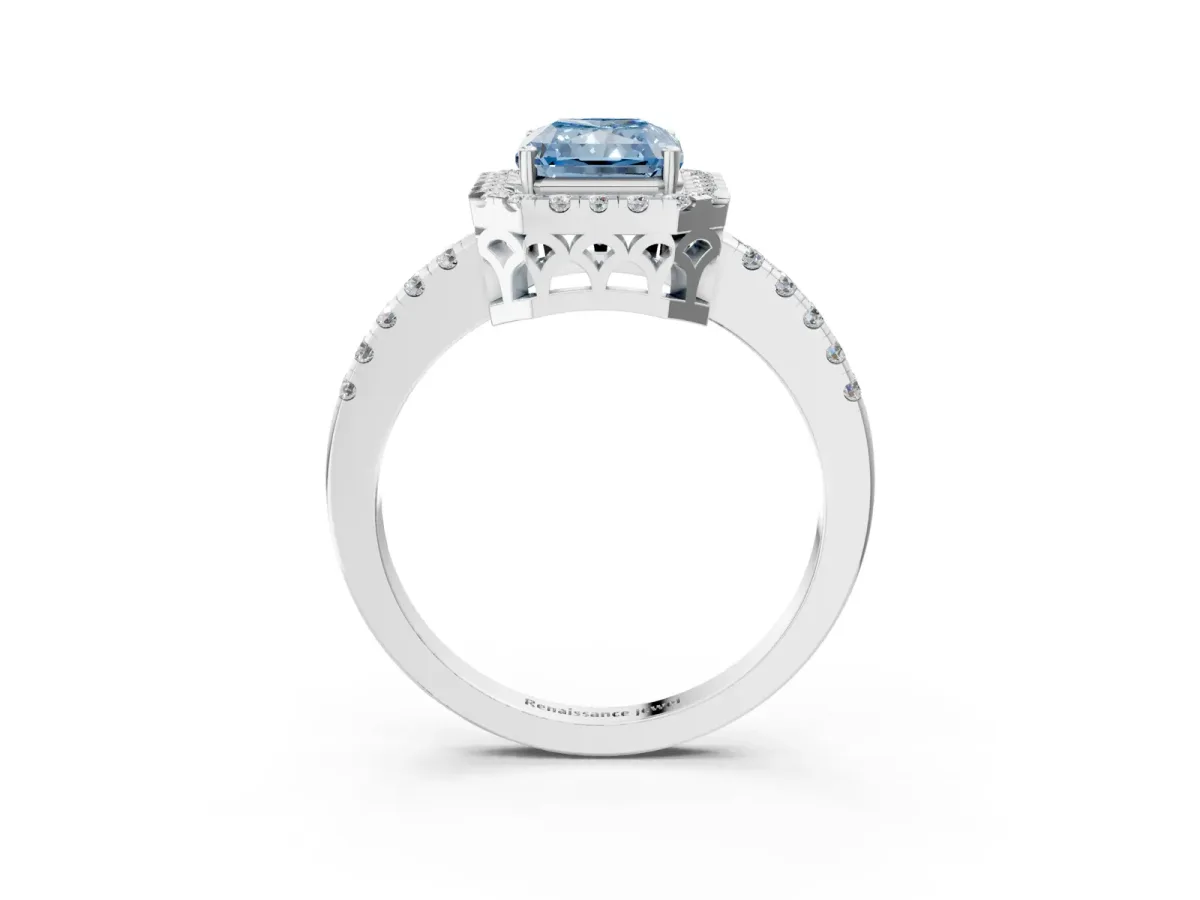 Fancy Blue Radiant Cut Halo Diamond Engagement Ring with Pavé Band and Four-Prong Setting Platinum