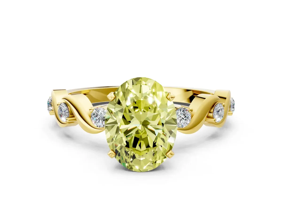 Fancy Yellow Oval Cut Diamond Solitaire Twisted Band with Round Accents and Prong Setting Yellow gold