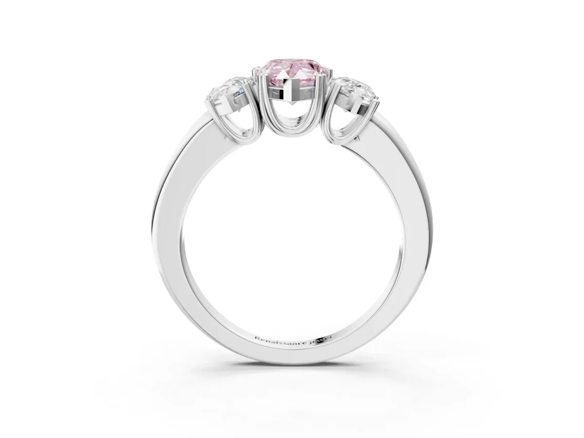 Fancy Pink Three-Stone Pear Cut Cut Diamond Ring with Channel Set Band and Four-Prong Setting Silver