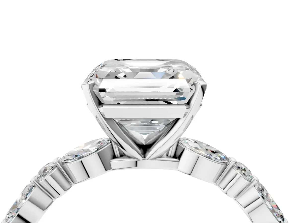 Asscher Cut Diamond Ring with Marquise and Round Side Stones and Four-Prong Setting Platinum