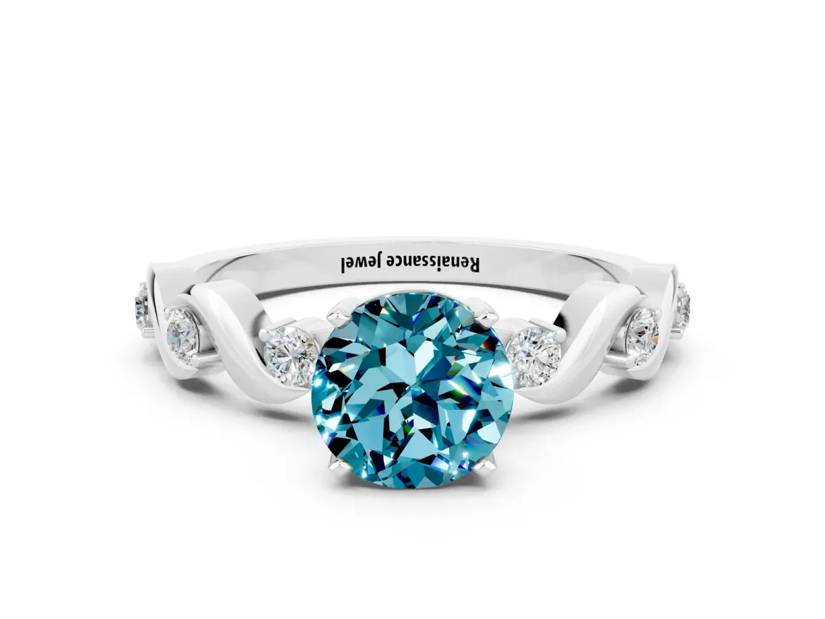 Round Cut Blue Topaz Solitaire Twisted Band with Round Accents and Prong Setting White gold