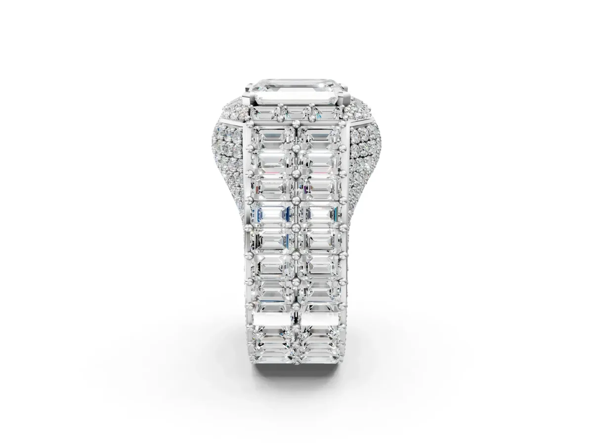 Emerald Cut Diamond Pavé Statement Mens Ring with Baguette Accents White gold