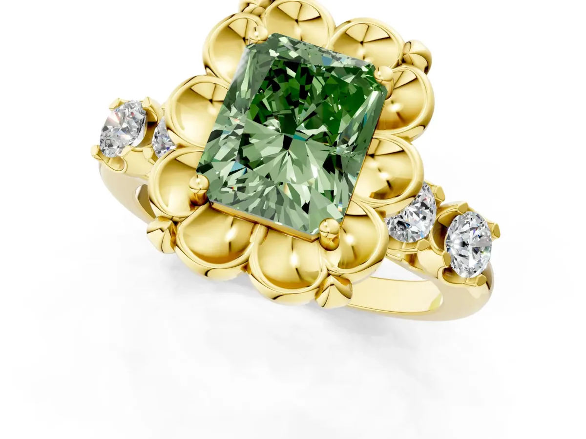 Fancy Green Radiant Cut Cut Diamond Floral Halo Engagement Ring with Shared Prong Setting Yellow gold