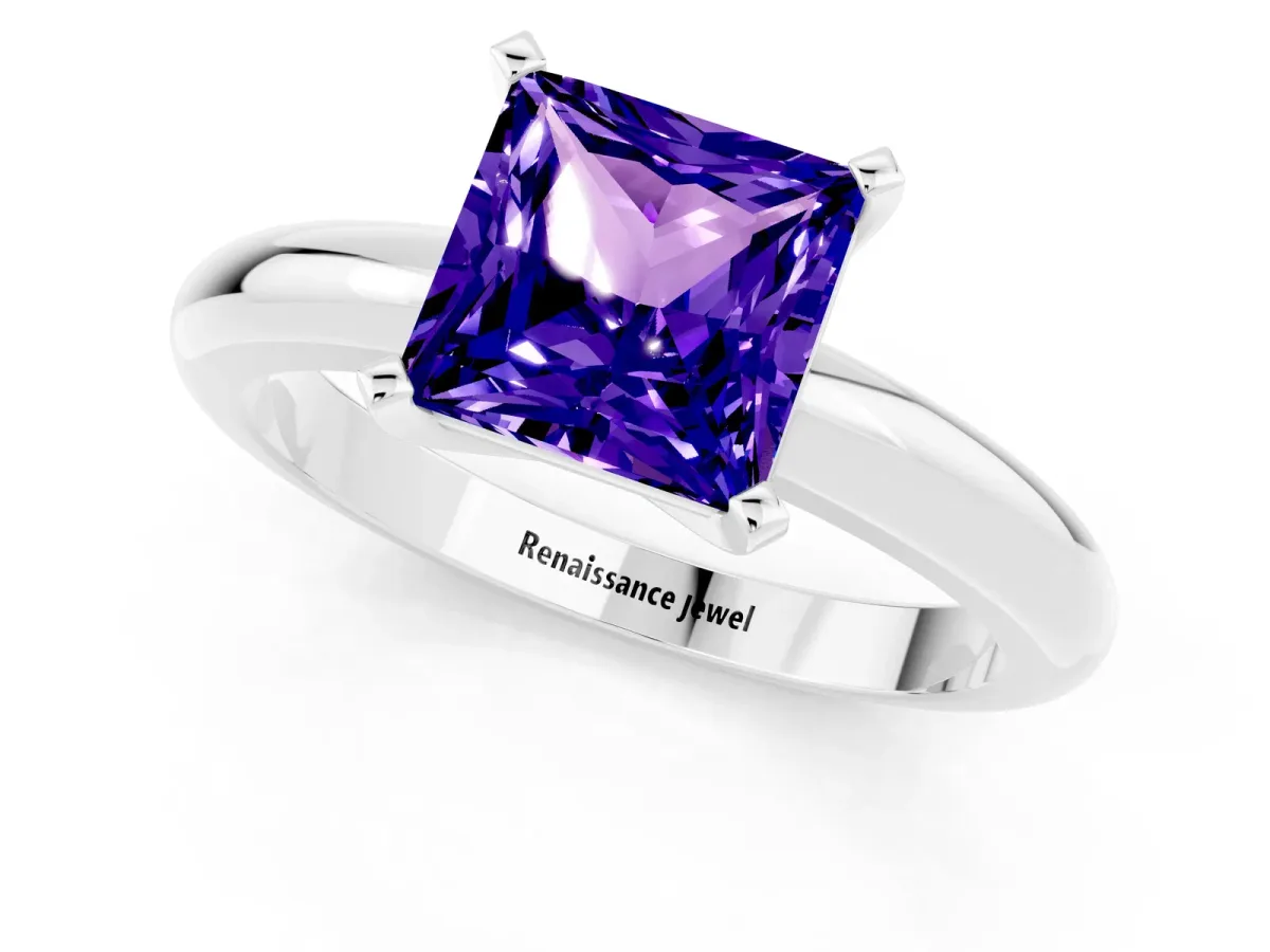 Princess Cut Tanzanite Solitaire Engagement Ring with Round Band and Four-Prong Setting White gold