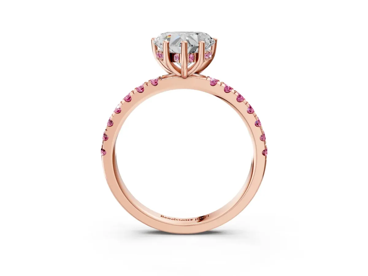 Heart Cut Diamond Pave Band Solitaire Ring with Round Pink Sapphire and Prong Setting Rose gold