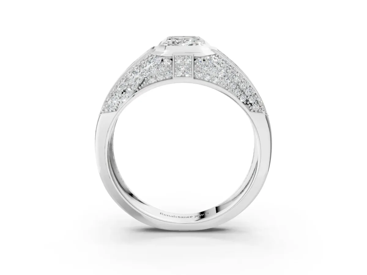 Emerald Cut Diamond Mens Ring with Side Stones White gold