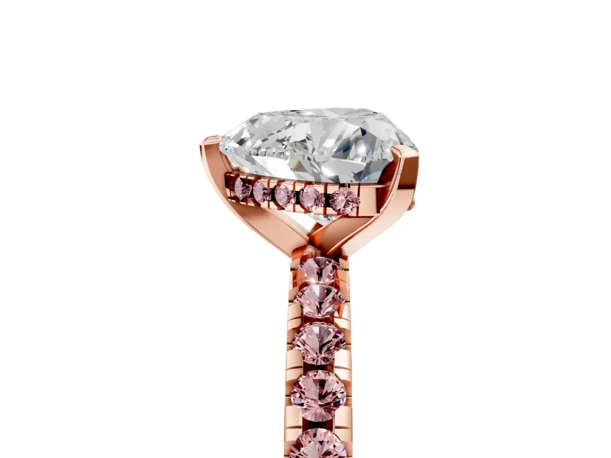 Heart Cut Diamond Solitaire Ring with Round Morganite Pavé Band and Four-Prong Setting Rose gold