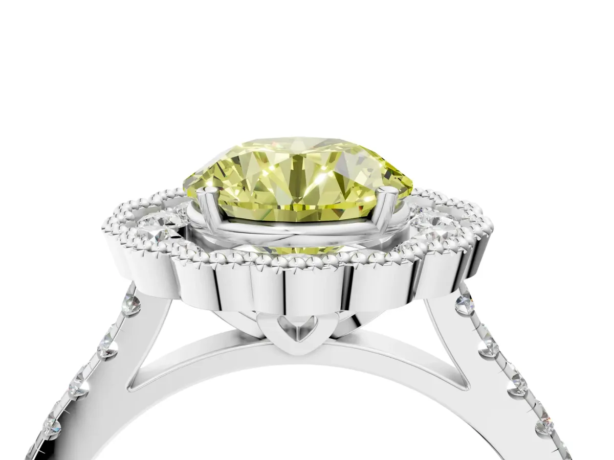 Fancy Yellow Round Cut Cut Diamond Milgrain Floral Halo Engagement Ring with Pavé Band Silver