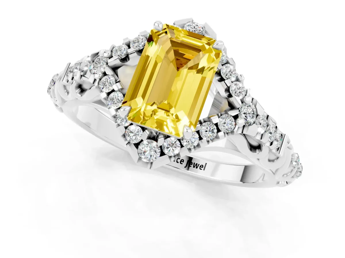 Emerald Cut Yellow Sapphire Solitaire Ring with Hidden Halo and Pavé Band White gold