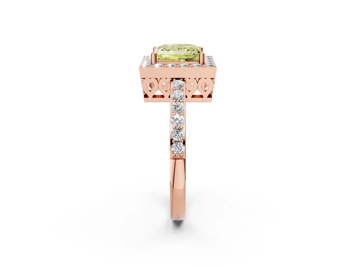 Fancy Yellow Princess Cut Halo Diamond Pavé Band Ring with Prong Setting Rose gold