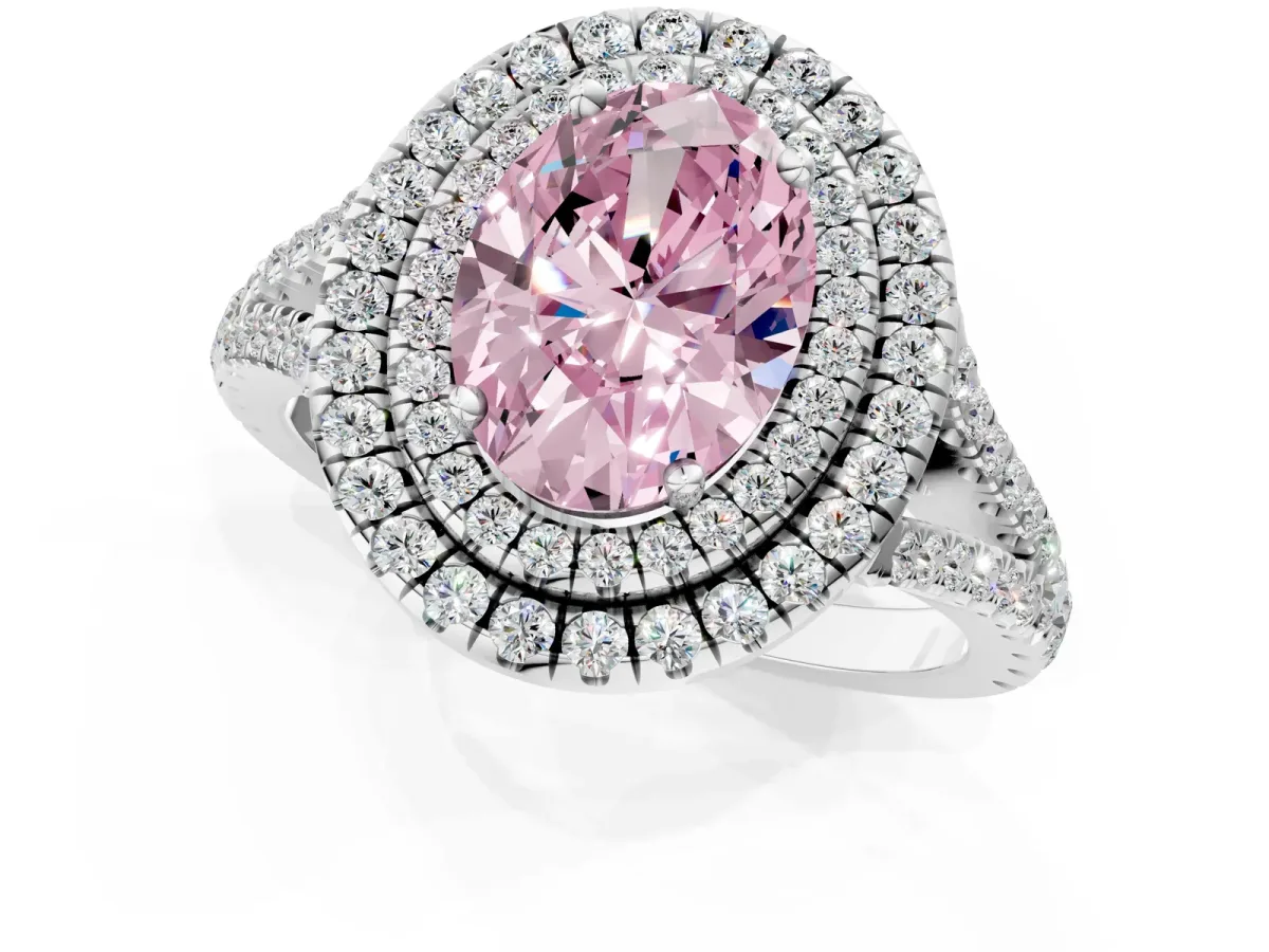 Fancy Pink Oval Cut Diamond Double Halo Ring with Pavé Band and Prong Setting Silver