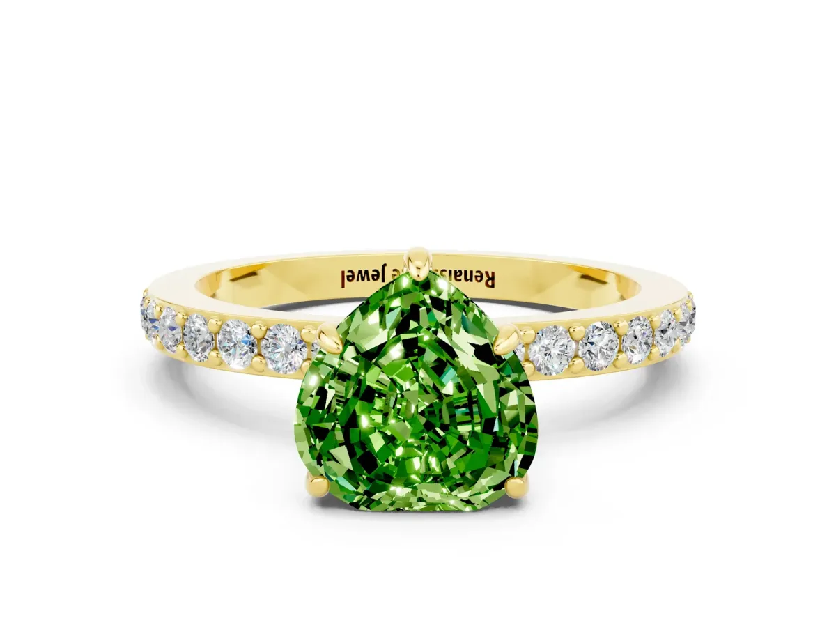 Heart Cut Peridot Solitaire Engagement Ring with Pavé Band and Four-Prong Setting Yellow gold