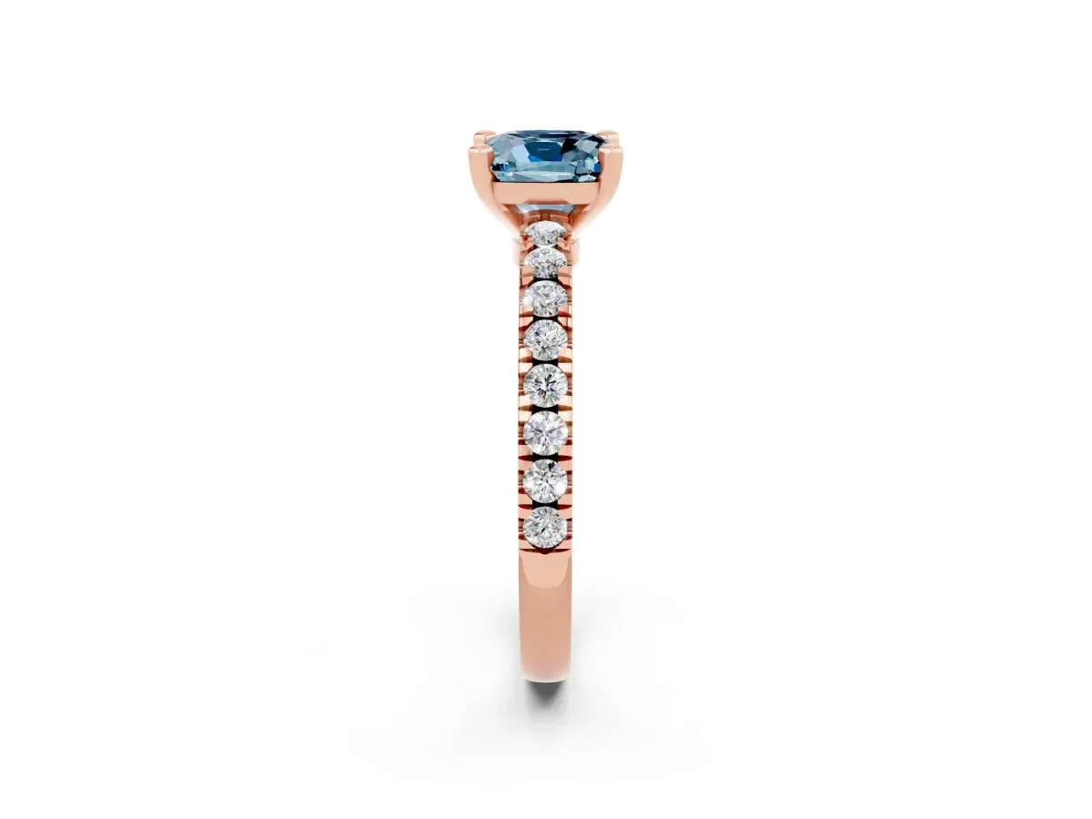 Cushion Cut Solitaire Aquamarine with Pavé Band and Four-Prong Setting Rose gold
