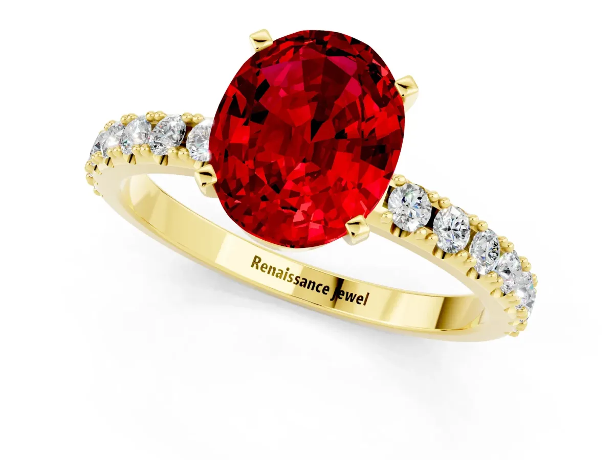 Oval Cut Ruby Solitaire Pavé Band with Four-Prong Setting Yellow gold