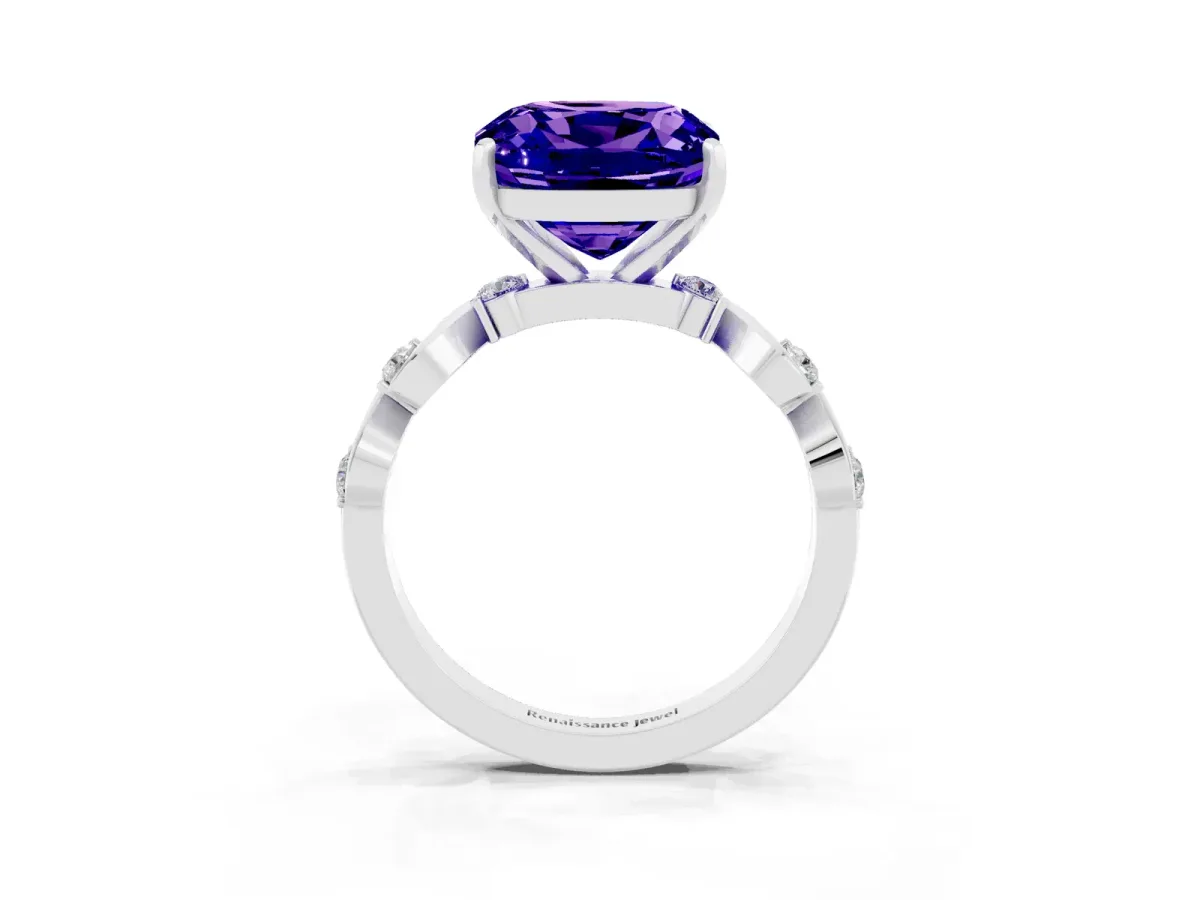 Cushion Cut Tanzanite Solitaire Twisted Band with Round Accents and Prong Setting White gold