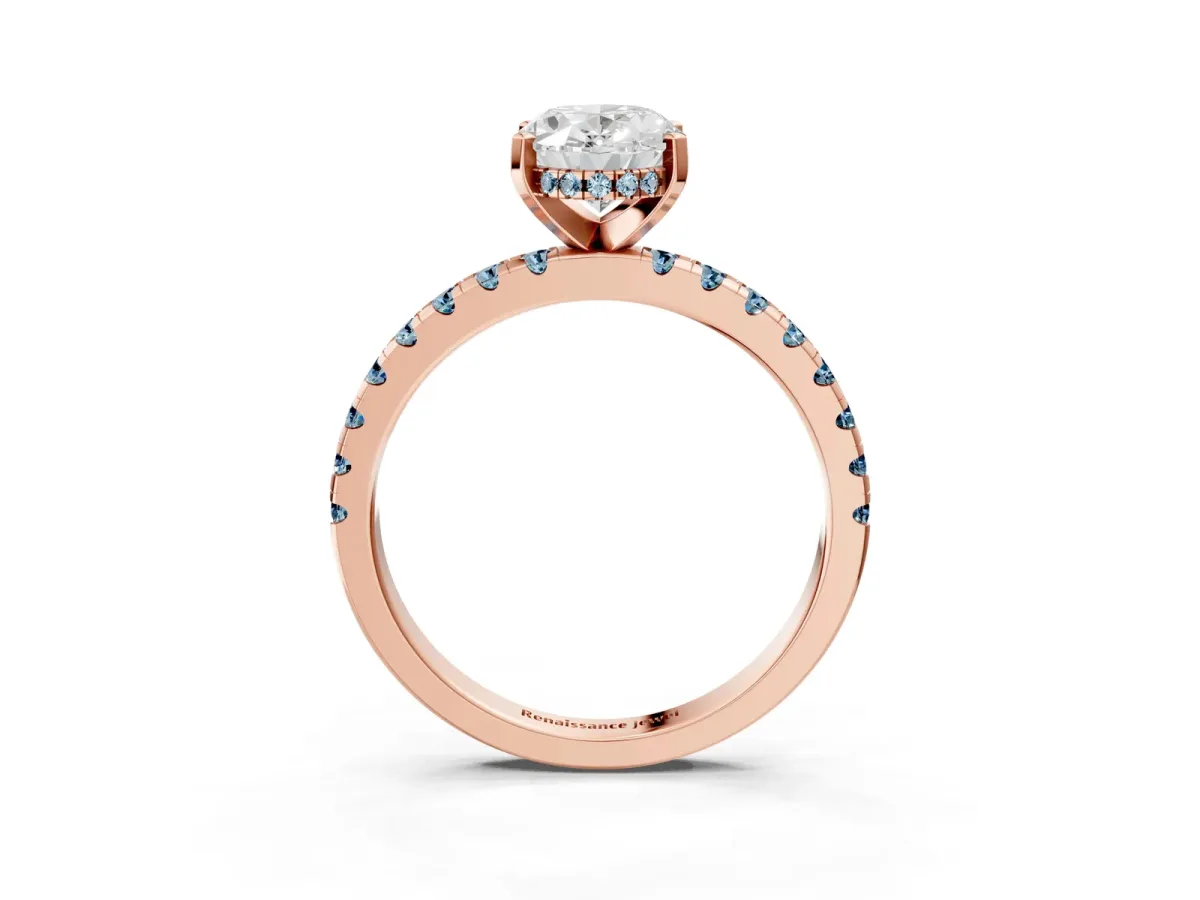 Oval Cut Diamond Solitaire Ring with Round Aquamarine Pavé Band and Four-Prong Setting Rose gold