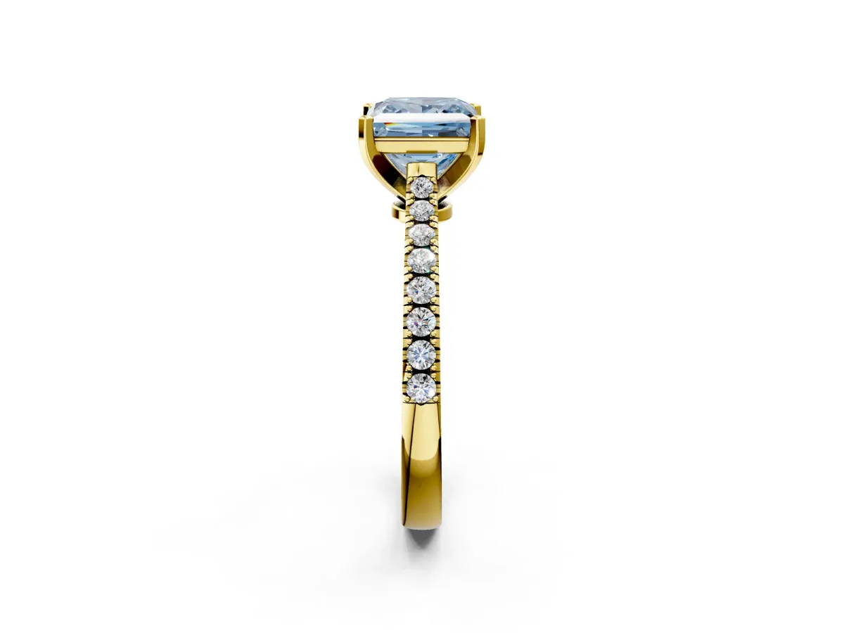 Fancy Blue Princess Cut Cut Solitaire Diamond Engagement Ring with Pave Band and Four-Prong Setting Yellow gold