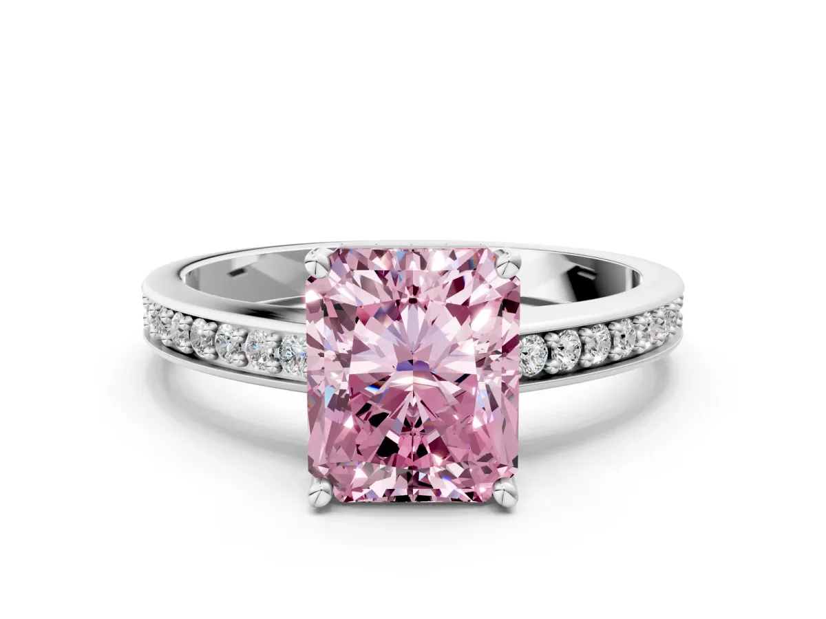 Fancy Pink Radiant Cut Solitaire Pavé Band Prong Setting Ring Platinum