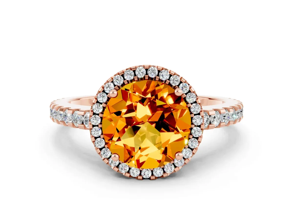 Round Cut Citrine Halo Engagement Ring with Pavé Band and Prong Setting Rose gold