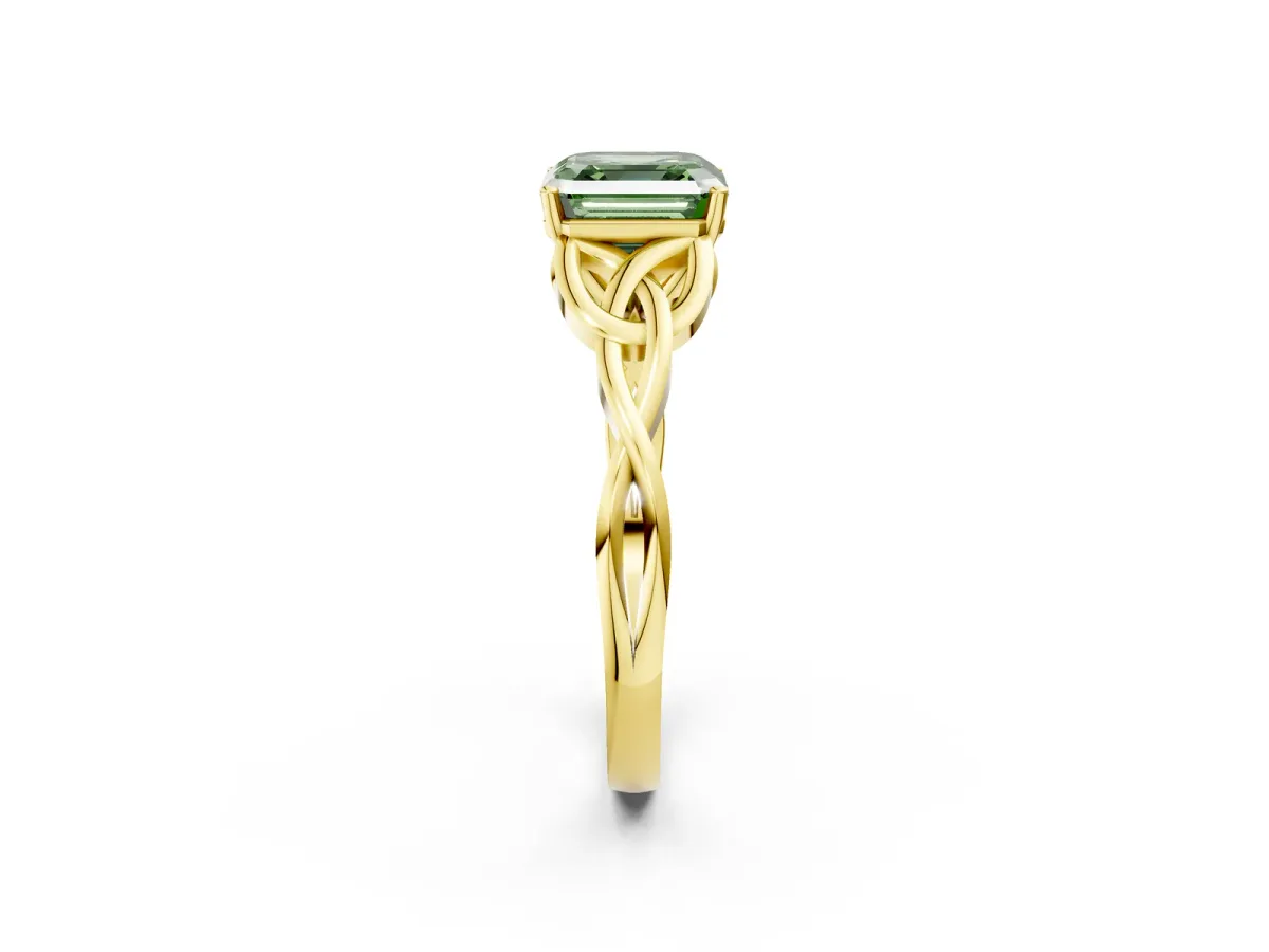 Fancy Green Asscher Cut Diamond Solitaire Engagement Ring with Celtic Knot Band and Four-Prong Setting Yellow gold
