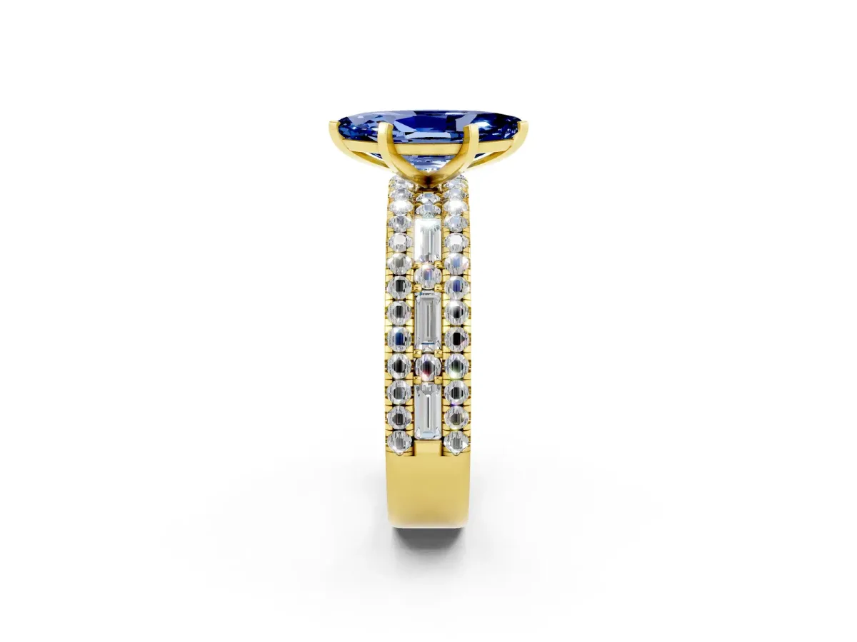 Marquise Cut Blue Sapphire Solitaire Ring with Pavé and Channel Set Band Yellow gold