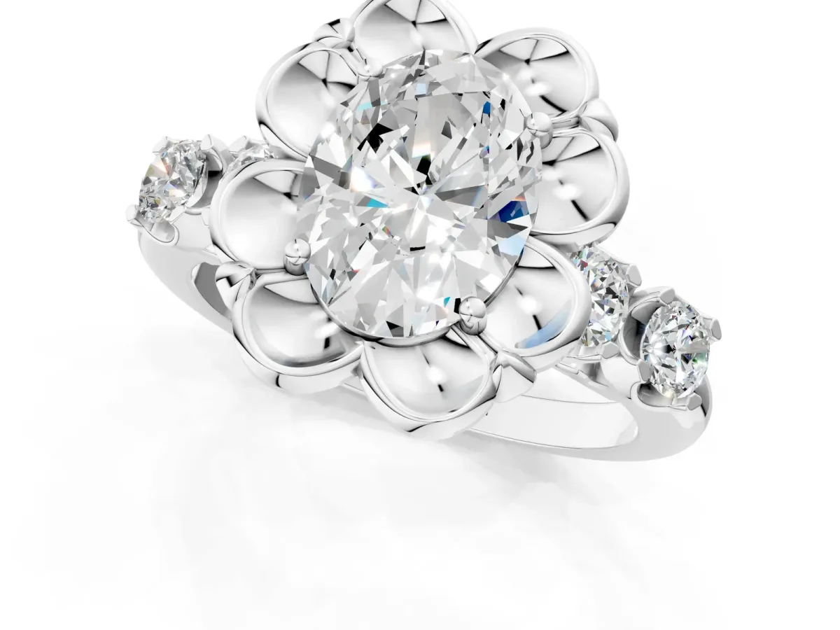 Oval Cut Cut Diamond Floral Halo Engagement Ring with Shared Prong Setting Silver