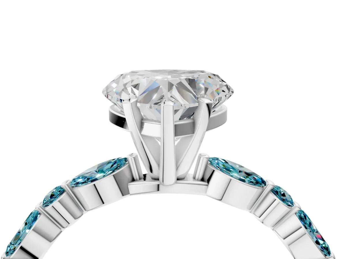 Heart Cut Diamond Ring with Marquise and Round Blue Topaz Side Stones and Four-Prong Setting White gold
