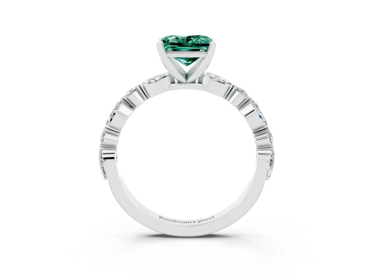 Princess Cut Green Sapphire Ring with Marquise and Round Side Stones and Four-Prong Setting Platinum