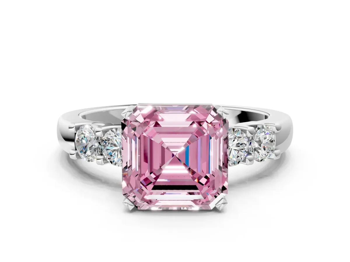 Fancy Pink Asscher Cut Brilliant Cut Diamond Five-Stone Prong Set Engagement Ring with Channel Band Platinum